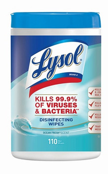 Lysol Disinfecting Wipes, Ocean Fresh, 7" x 8", White, Canister Of 110 Wipes