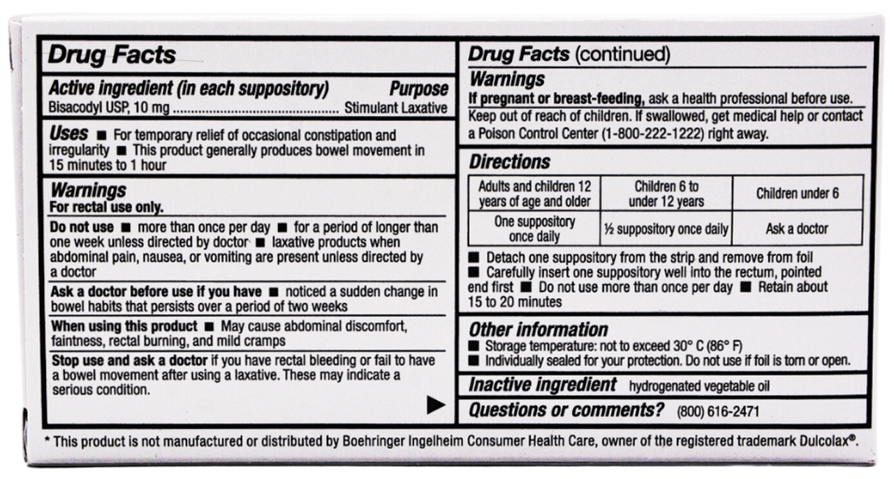 Generic Dulcolax Perrigo Bisacodyl 10mg Suppositories 12ct