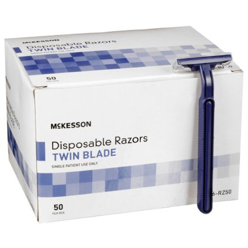 McKesson Disposable Razors, Shaving Razor, Twin Blade, Stainless Steel Blade, Blue - 50 Count