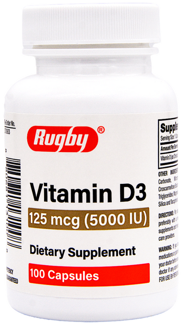 Rugby Vitamin D3 Dietary Supplement 125 mcg - 100 Capsules 