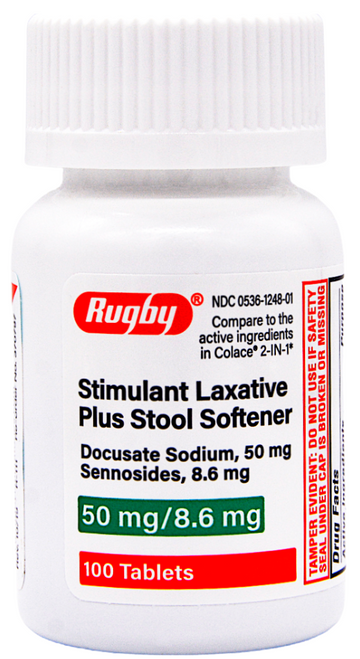 Rugby Stimulant Laxative Stool Softener 50 mg/8.6 mg - 100 Tablets (Colace 2-IN-1)