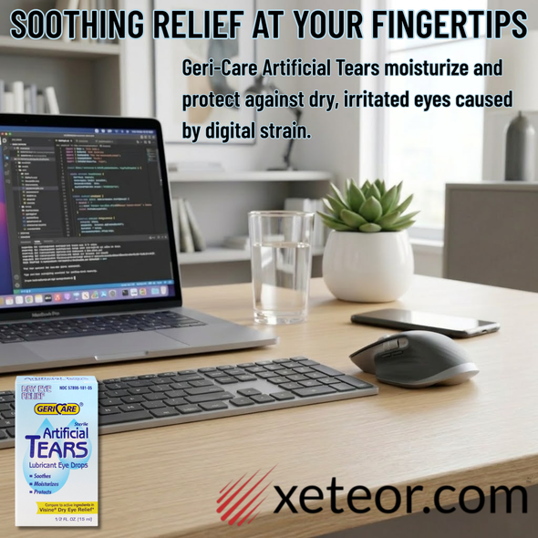 Marketing graphic for Geri-Care Artificial Tears in a modern home office setting, featuring a laptop with code, a glass of water, and a succulent, with headlines highlighting digital strain relief.