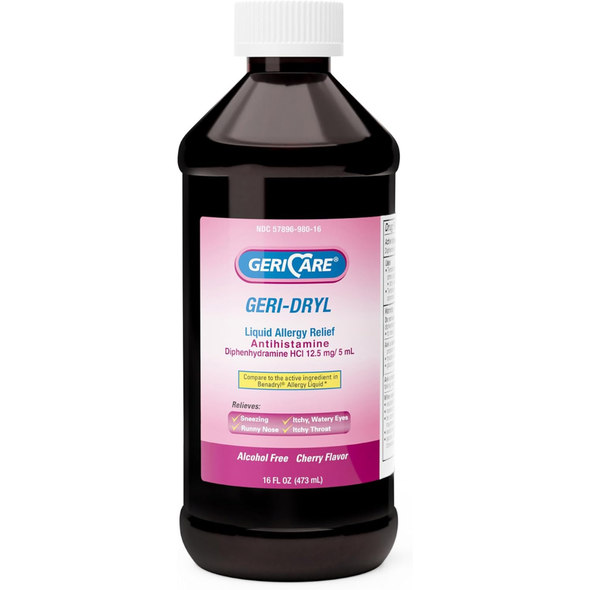 A 16 oz bottle of Geri-Care Geri-Dryl Liquid Allergy Relief featuring a pink and blue label on a plain white background.