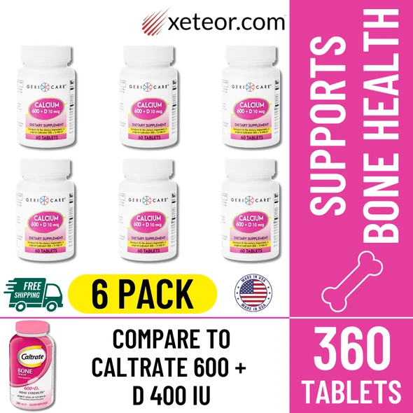 Geri-Care® Calcium 600 mg + Vitamin D3 10 mcg (400 IU) - 60 Tablets | Compare to Caltrate 600+D 400 IU - 6 Pack with Free Shipping