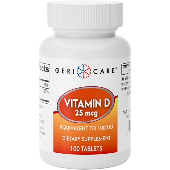 Front view of a Geri-Care Vitamin D3 25 mcg (1000 IU) supplement bottle containing 100 tablets on a clean white background.

Image 2 (Compare & Save Chart)