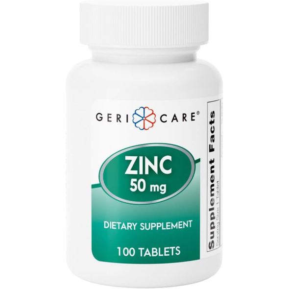 Front view of a Geri-Care Zinc 50 mg dietary supplement bottle containing 100 tablets on a clean white background.