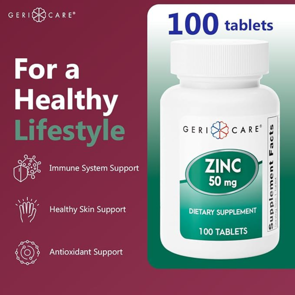 Infographic featuring the Geri-Care Zinc 50 mg bottle highlighting daily benefits like immune system support, healthy skin support, and antioxidant support.
