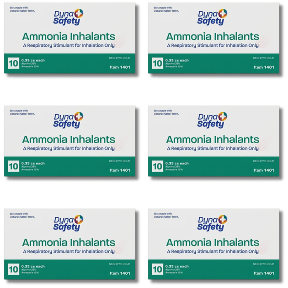 Front view of a white and green box of Dyna Safety Ammonia Inhalants (Item 1401), a respiratory stimulant for inhalation containing 10 individual 0.33 cc ampoules. 6 boxes.