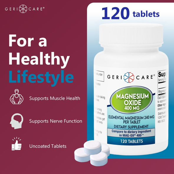 Promotional graphic titled "For a Healthy Lifestyle" showing a 120-tablet bottle of Geri-Care Multivitamins alongside loose tablets and key health benefits.