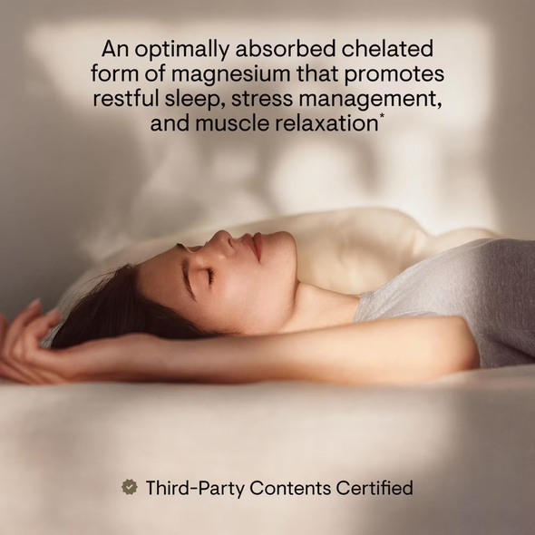 Lifestyle image describing Thorne Magnesium Glycinate for restful sleep, stress management and muscle relaxation