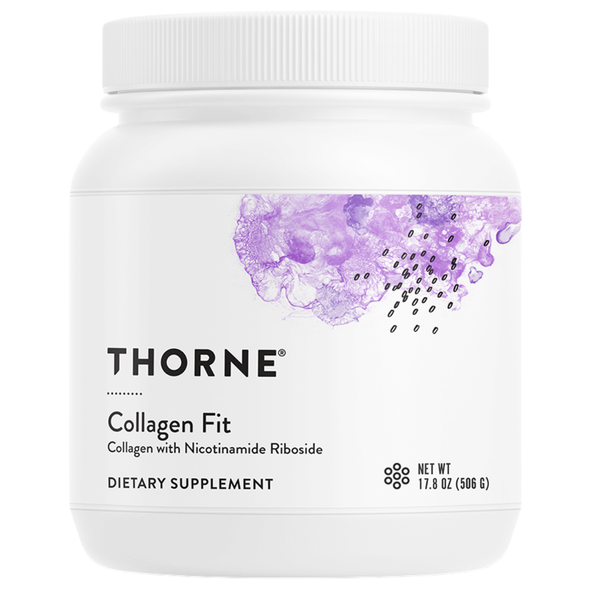 Front view of Thorne Collagen Fit dietary supplement powder tub on a clean white background.