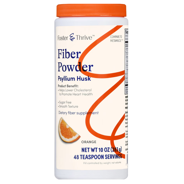 Foster & Thrive Sugar Free Fiber Powder Psyllium Husk Smooth Texture Orange 10 oz canister front bottle label