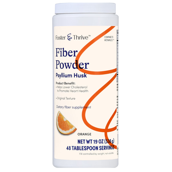Foster & Thrive Fiber Powder Psyllium Husk Original Texture Orange 19 oz canister front bottle label
