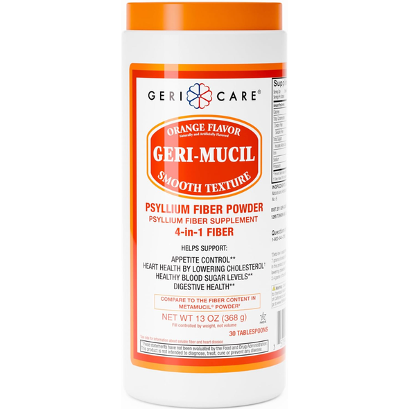 Geri-Care Geri-Mucil Psyllium Fiber Powder Orange Flavor Smooth Texture 13 oz front canister view