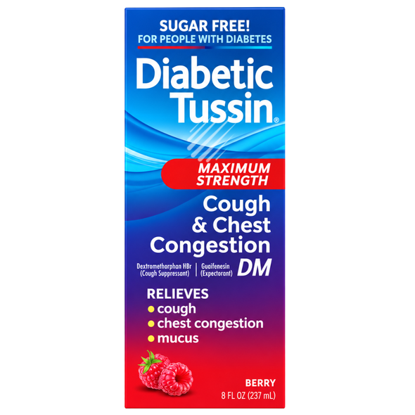 Diabetic Tussin Cough & Chest Congestion DM Cough Syrup – 4 fl oz | Sugar Free Berry Flavor