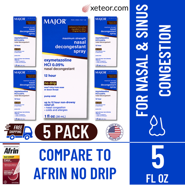Promotional image of Major Nasal Decongestant Spray 5 Pack – shows free shipping, made in USA, compares to Afrin, and highlights 5 fl oz total for sinus and nasal congestion relief