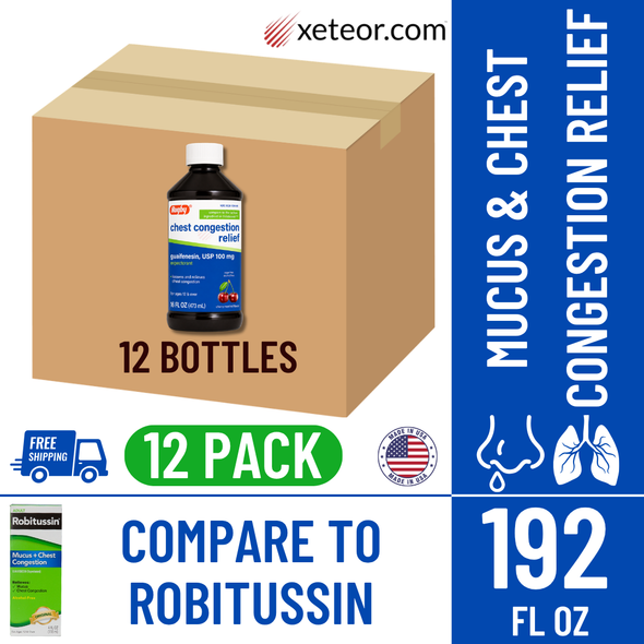 Rugby Chest Congestion Relief Guaifenesin 100mg Cough Syrup | Robitussin - Full Case Pack (12 bottles) with free shipping