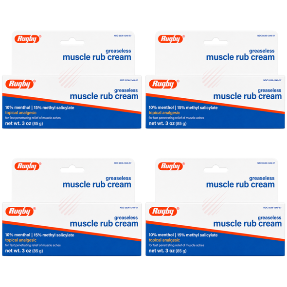 Rugby greaseless muscle rub cream, 3 oz, with 10% menthol and 15% methyl salicylate for temporary relief of muscle aches 4 pack