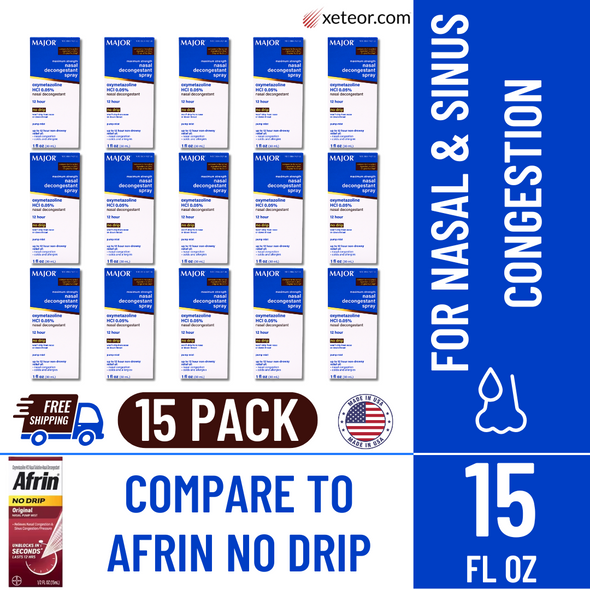 Promotional image of 15-pack Major Nasal Decongestant Spray showing Free Shipping, Compare to Afrin, Made in USA, 15 bottles total, and sinus congestion relief
