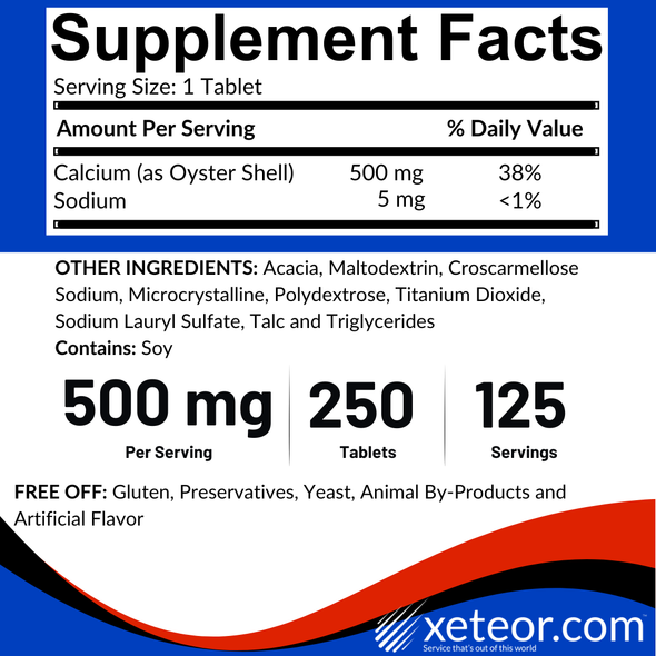 Rugby Oyster Shell Calcium 500 mg - 250 Tablets Supplement Facts
