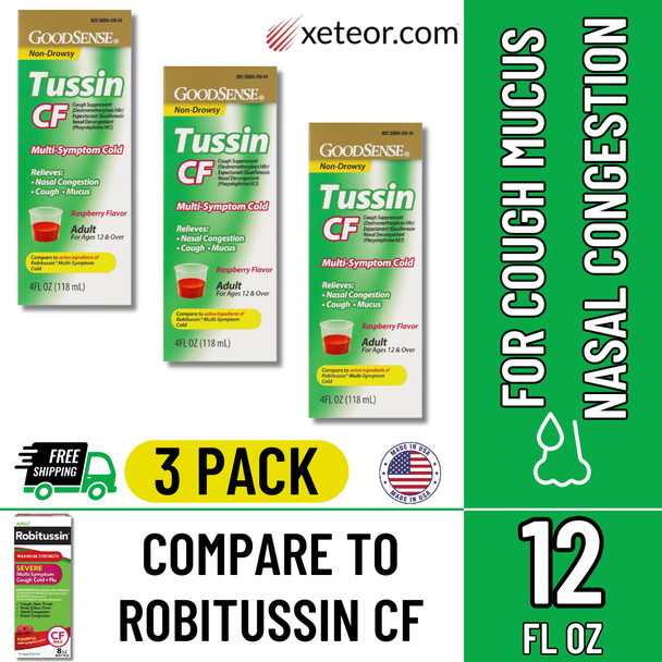 GoodSense Tussin CF Cough Syrup for cough, chest, and nasal congestion - Compare to Robitussin Multi-Symptom Cold - 3 pack with free shipping