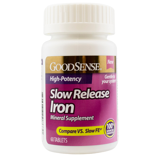 GoodSense Slow Release Iron 45mg tablets bottle front label, comparable to Slow FE, showing high-potency and gentle release formula.