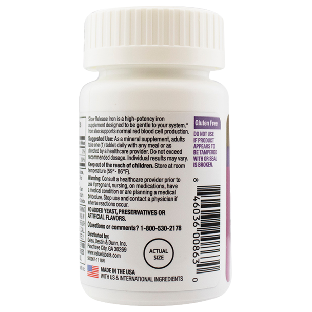 Back label of GoodSense Slow Release Iron showing dosage directions, safety warnings, gluten-free status, and Made in USA origin.