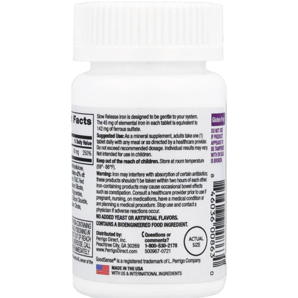 Back label of GoodSense Slow Release Iron showing dosage directions, safety warnings, gluten-free status, and Made in USA origin.