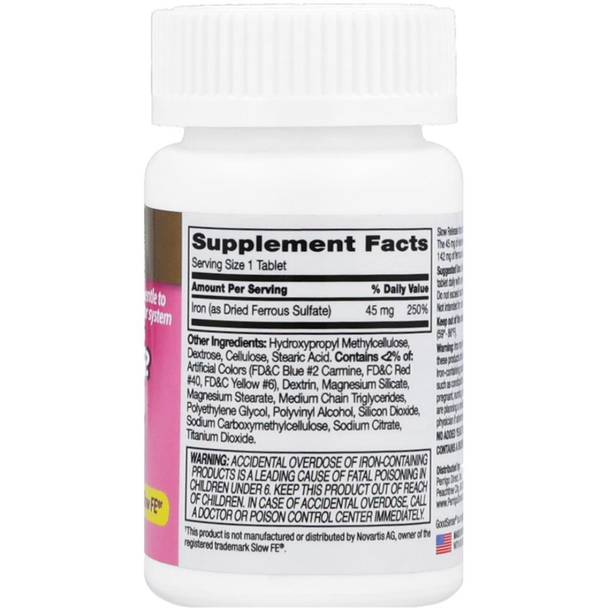 Supplement Facts label for GoodSense Slow Release Iron showing 45mg elemental iron (from 142mg dried ferrous sulfate) and inactive ingredients list.