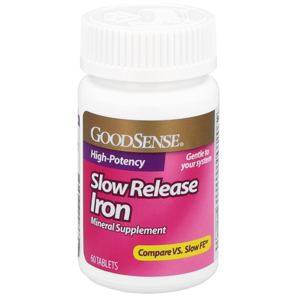 GoodSense Slow Release Iron 45mg tablets bottle front label and top, comparable to Slow FE, showing high-potency and gentle release formula.