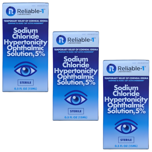 Reliable-1 Sodium Chloride 5% Eye Drops box - Comparable to Muro 128 for corneal edema relief. 3 pack with free shipping