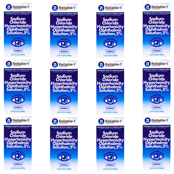 Reliable 1 Sodium Chloride 5% Eye Drops box - Comparable to Muro 128 for corneal edema relief. 12 pack with free shipping. Tier 2 Standard Generic