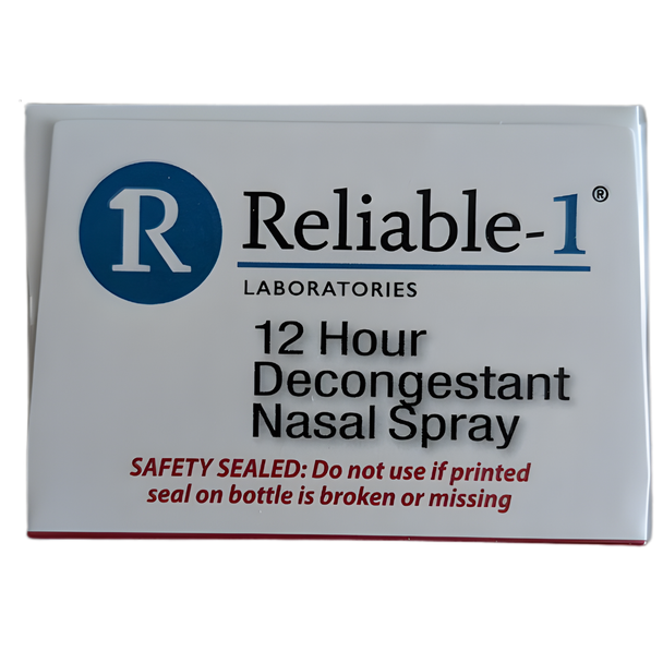 Close-up view of the Reliable-1 12 Hour Decongestant Nasal Spray 1 fl oz box top displaying warning message about the seal.
