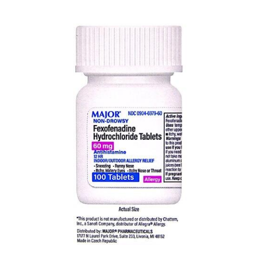 Major Fexofenadine Hydrochloride Tablets 60 mg - 100 Tablets (Generic Allergra) Side Box