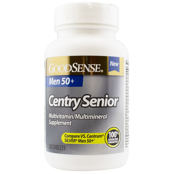 GoodSense Centry Senior Men 50+ Multivitamin bottle with 100 tablets, labeled as an adult multivitamin that compares to Centrum Silver Men 50+.