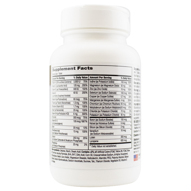 Supplement facts label for GoodSense Centry Senior Men 50+ Multivitamin showing a complete list of vitamins and minerals per serving.