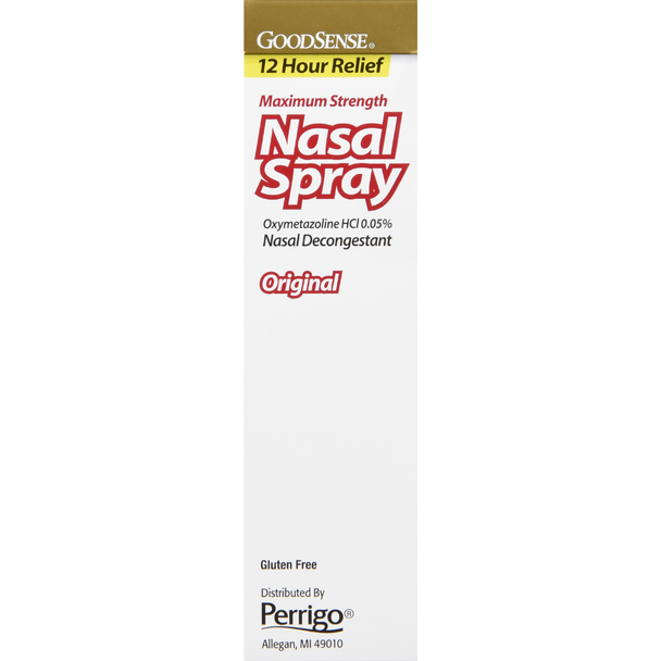 Side panel of GoodSense Nasal Spray Original 12-Hour 1 fl oz box, showing "Gluten Free" label and "Distributed By Perrigo" information.
