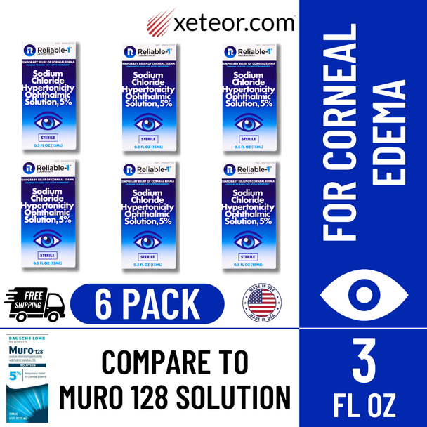 Reliable-1 Sodium Chloride 5% Eye Drops boxes - Comparable to Muro 128 for corneal edema relief. 6 pack with free shipping. total 3 fl oz