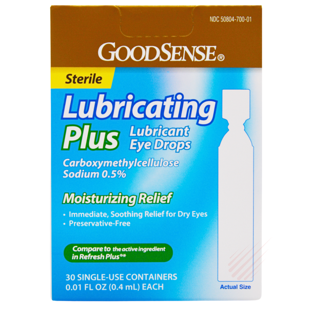 GoodSense Lubricating Plus Eye Drops 30 Sterile Single-Use Vials Box Front - Compare to Refresh Plus