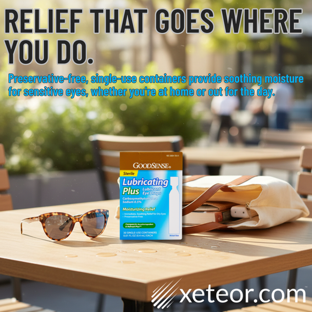 Marketing graphic for GoodSense Lubricating Plus Eye Drops set in a sunny outdoor cafe, featuring the headline 'Relief that goes where you do' to highlight portable, preservative-free dry eye relief in single-use containers.