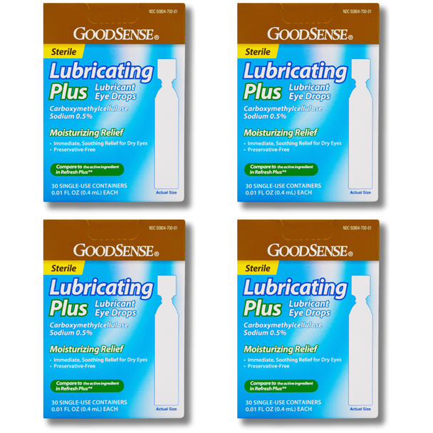 GoodSense Lubricating Plus Eye Drops 30 Sterile Single-Use Vials Box Front - Compare to Refresh Plus - 4 pack