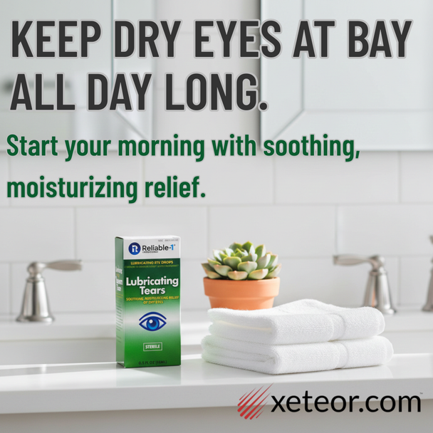 Box of Reliable-1 Lubricating Tears on a bright, clean bathroom counter next to a white towel and small plant, representing a refreshing morning routine.