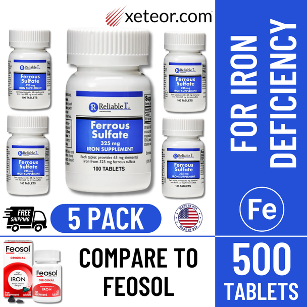 Reliable 1 Ferrous Sulfate 325 mg - 100 Tablets | Compare to Feosol (5 Pack) with Free Shipping & Made in the USA
