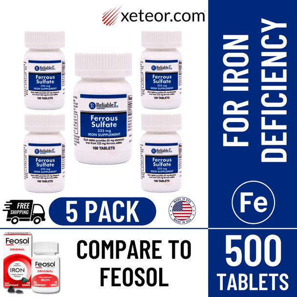 Reliable 1 Ferrous Sulfate 325 mg - 100 Tablets | Compare to Feosol (5 Pack) with Free Shipping & Made in the USA