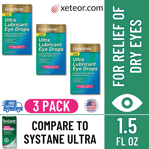 GoodSense Ultra Lubricant Eye Drops 0.5 fl oz box front compare to Systane Ultra (3 Pack) with free shipping. made in the usa