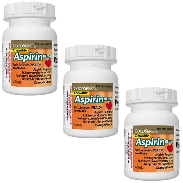 GoodSense Aspirin 81 mg Orange Flavor - 36 Chewable Tablets | Compare to Bayer Chewable Aspirin (3 Pack)