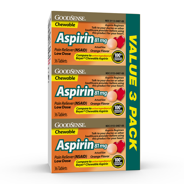 GoodSense Aspirin 81 mg Orange Flavor - 36 Chewable Tablets | Compare to Bayer Chewable Aspirin (3 Pack)
