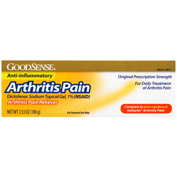 Front of the GoodSense Diclofenac Sodium Topical Gel 1% box, 3.53 oz, highlighting comparison to Voltaren Arthritis Pain.
