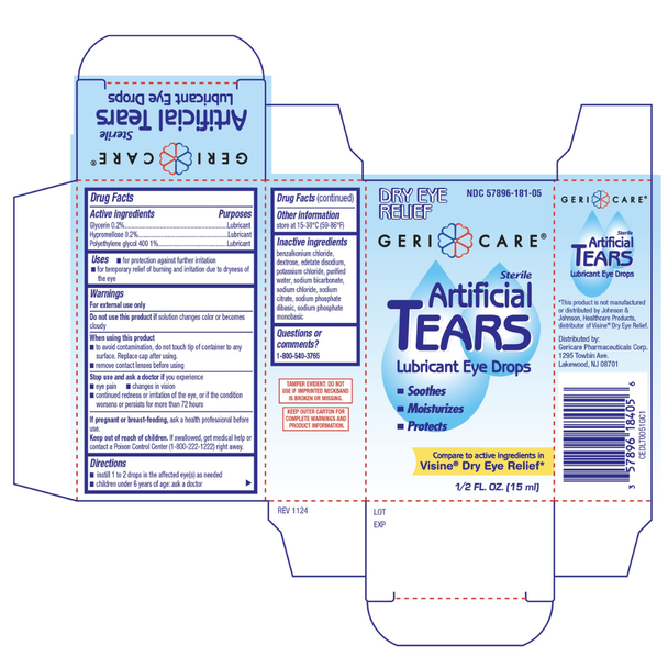 Multi-angle view of Geri-Care Artificial Tears packaging showing product dimensions and barcodes.