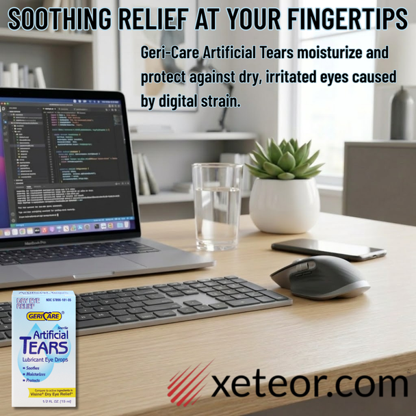 Marketing graphic for Geri-Care Artificial Tears in a modern home office setting, featuring a laptop with code, a glass of water, and a succulent, with headlines highlighting digital strain relief.